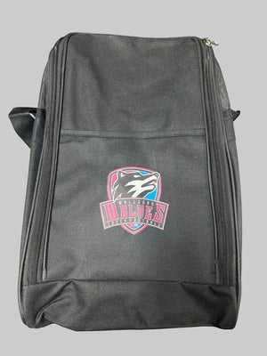 A black zippered hockey bag with a Minnesota Wild logo patch on the front, photographed on a gray textured surface.