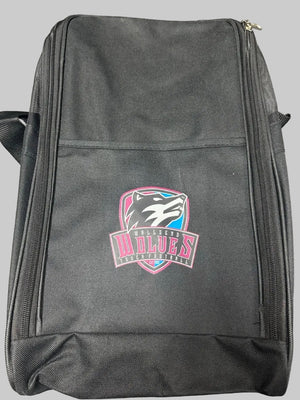 A black nylon hockey boot bag featuring the Minnesota Wild sports logo on the front pocket, photographed on a gray textured floor.