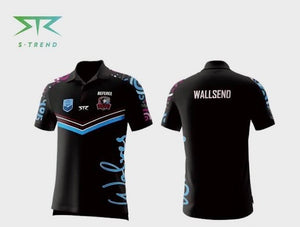 A black short-sleeve polo shirt shown from the front and back on a light gray background. The front features blue and pink graphic accents, a blue chevron across the chest, and team-style logos.