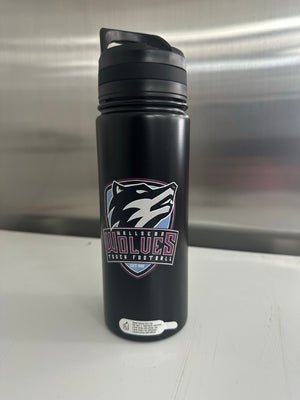 A black insulated water bottle with a flip-top lid, featuring a Minnesota Wolves ice football logo on the front, set against a stainless steel background.